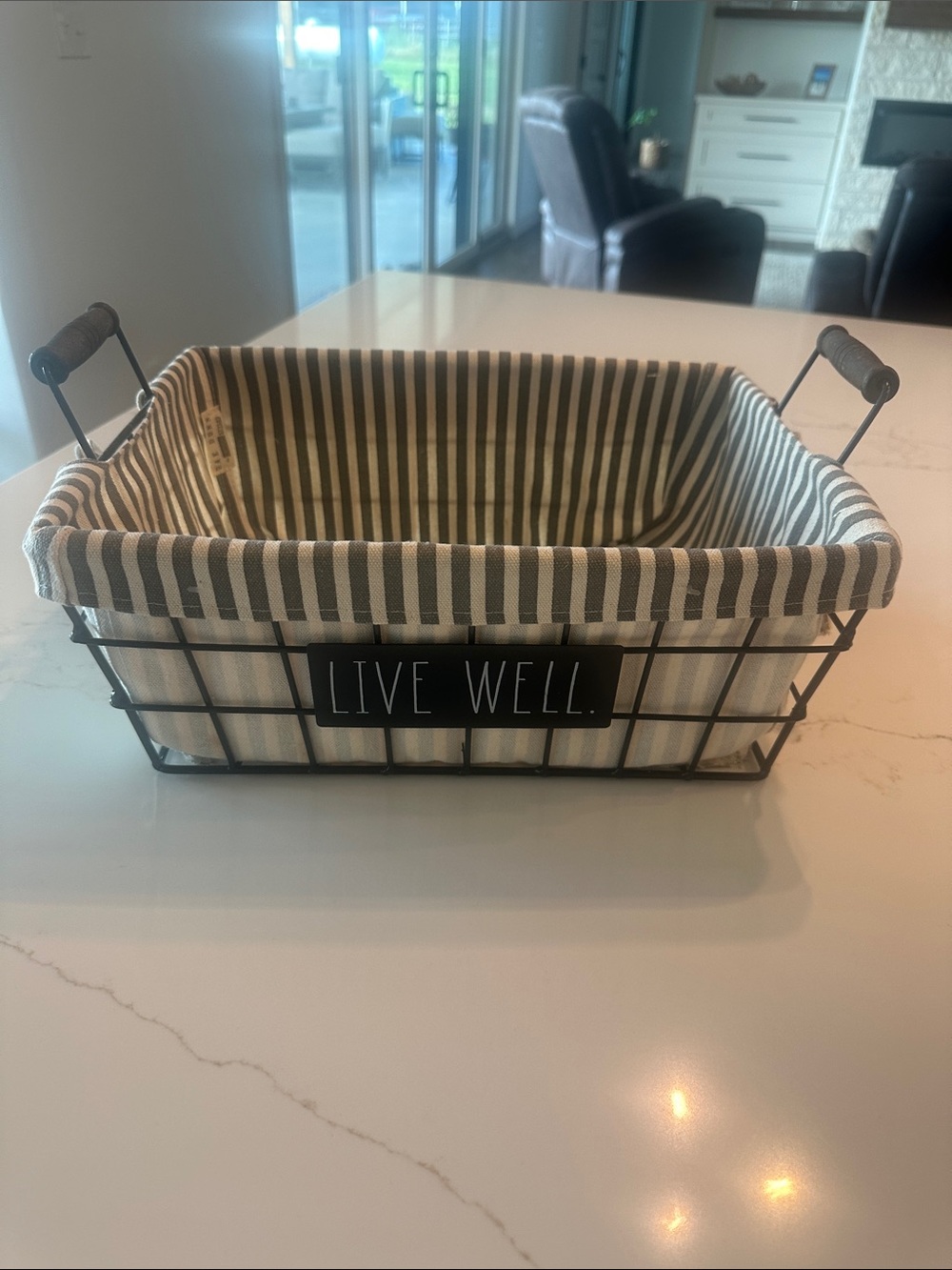 Rae Dunn Live Well Black Wire Basket with Striped Fabric Liner